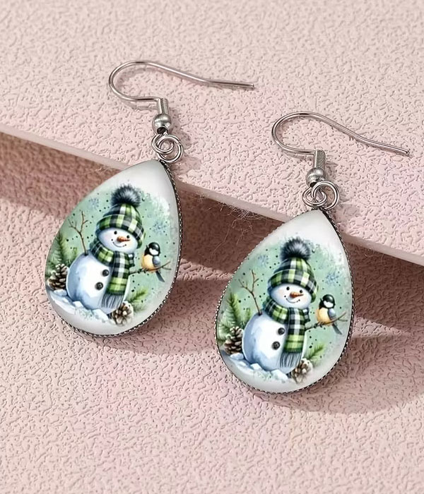 Christmas theme vintage puffy teardrop earring - snowman