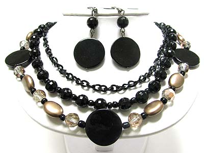 Triple strand chain and beads necklae earring set