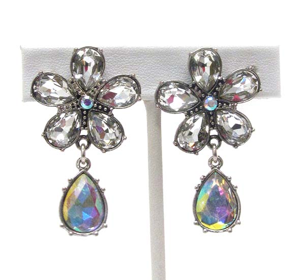 Facet glass flower and teardrop clip earring