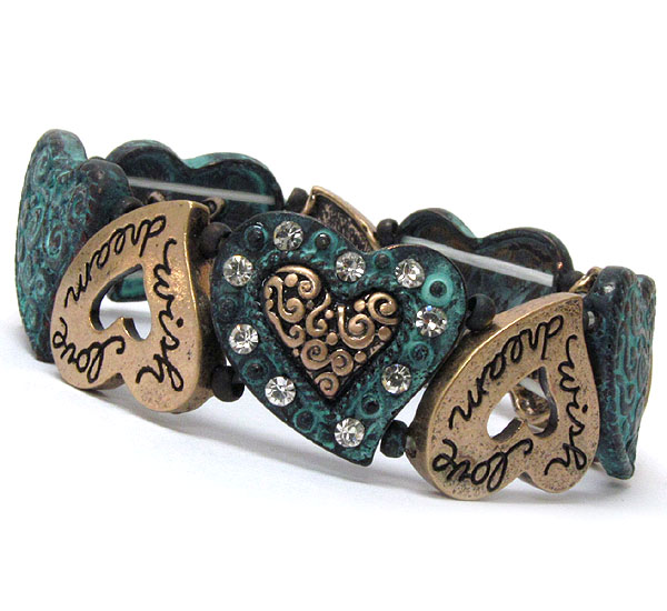 Crystal deco and mixed patina metal heart message stretch bracelet