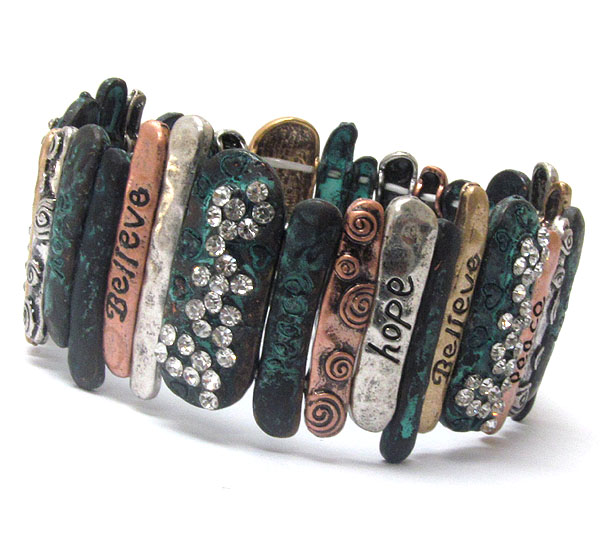 Crystal deco and mixed patina metal bar message stretch bracelet