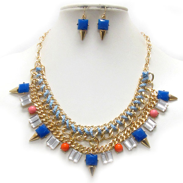 Spike and baguette stone mix deco on multi chain necklace earring set