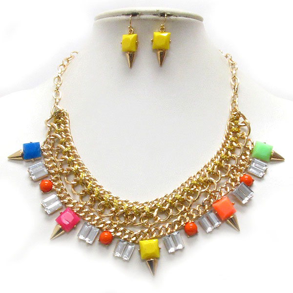 SPIKE AND BAGUETTE STONE MIX DECO ON MULTI CHAIN NECKLACE EARRING SET