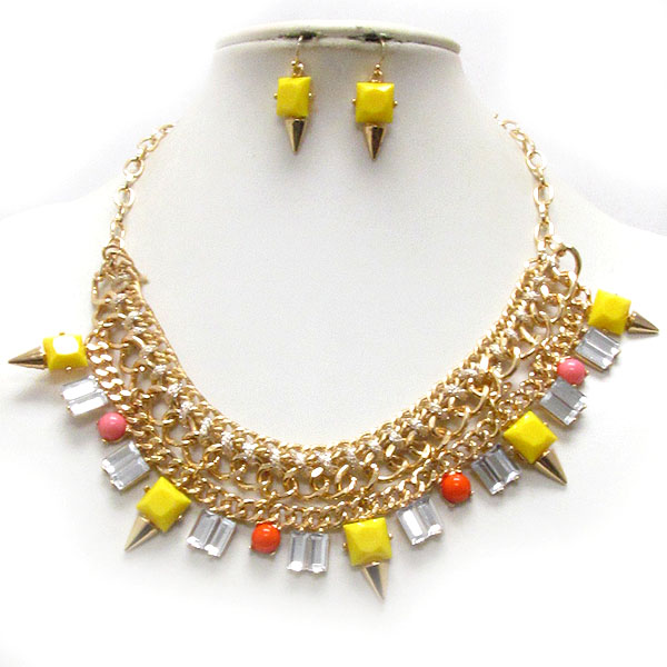 Spike and baguette stone mix deco on multi chain necklace earring set