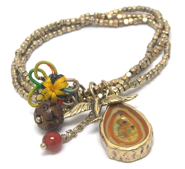 Vintage style mixed charm dangle triple metal beads stretch bracelet