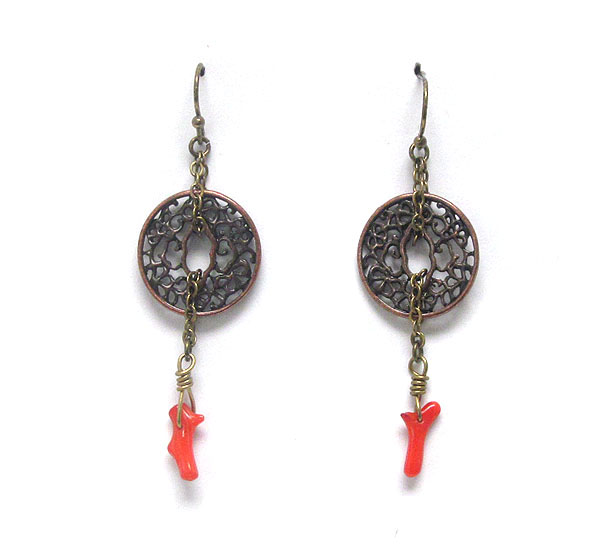 VINTAGE STYLE ORIENTAL COIN AND CORAL DANGLE EARRING