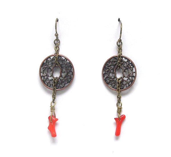 Vintage style oriental coin and coral dangle earring