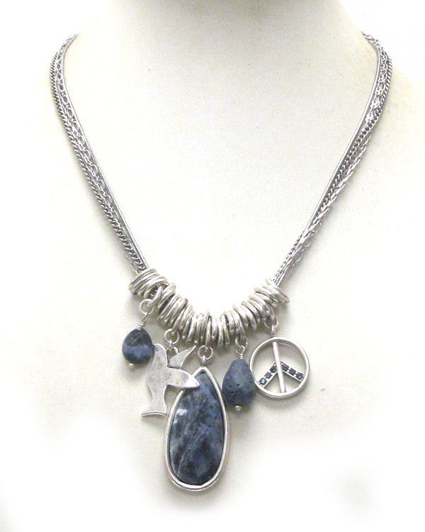 Vintage style semi precious stone tear drop pendant and multi charm dangle necklace