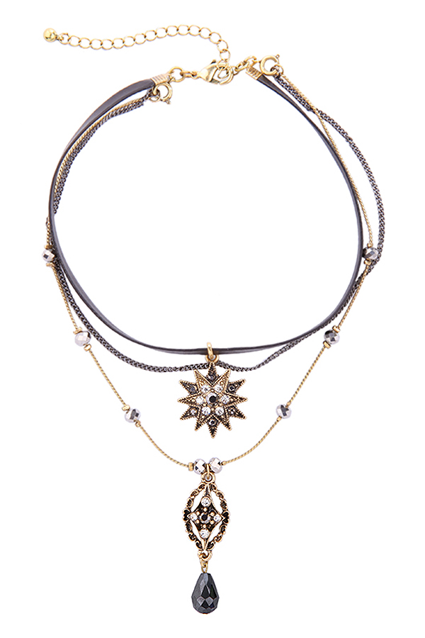Leather and multi layered chain choker necklace
