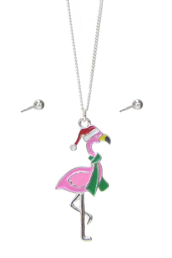 Epoxy christmas theme flamingo pendant necklace set