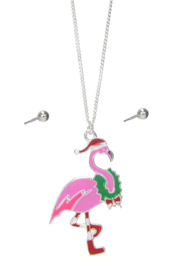 Epoxy christmas theme flamingo pendant necklace set