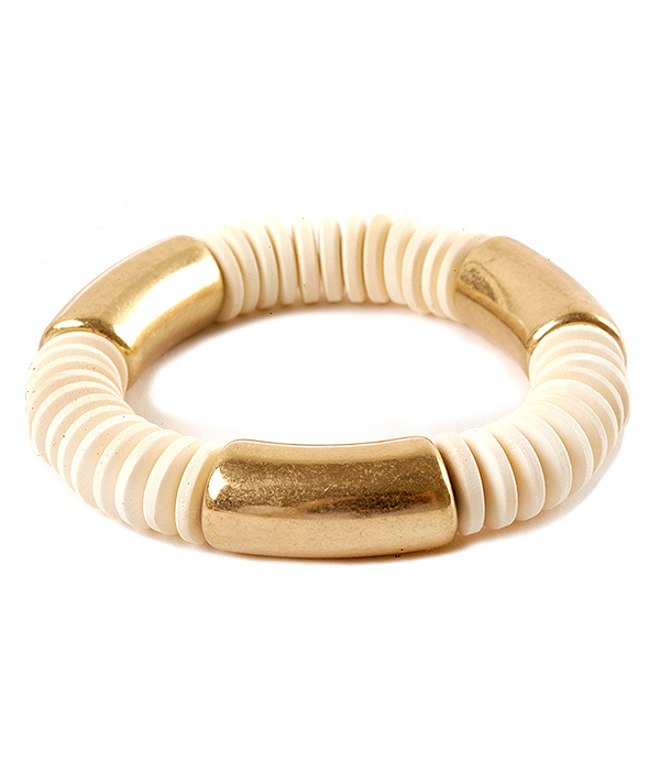 Disc wood bead and metal tube mix stretch bracelet