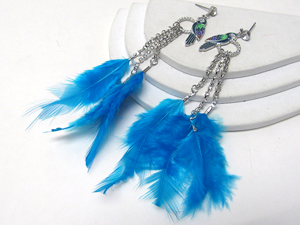 Painted parrot and multi feather drop earrings