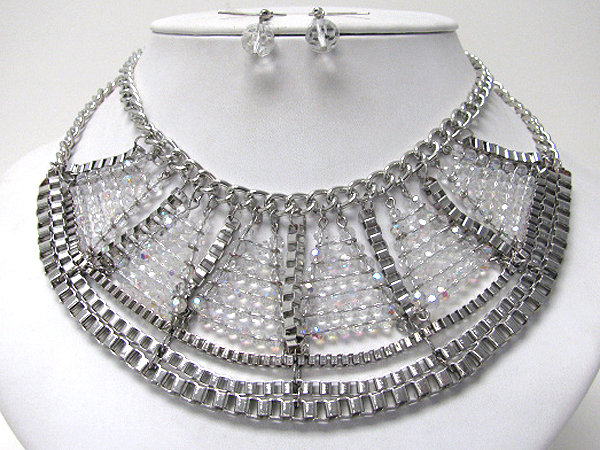 Multi chain and glass bead deco bib style necklace earring set
