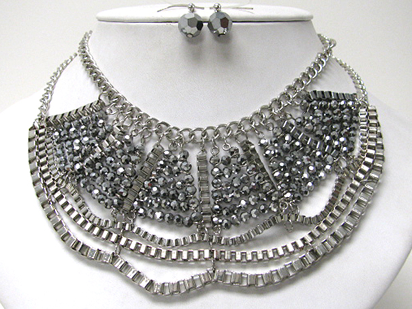 Multi chain and glass bead deco bib style necklace earring set