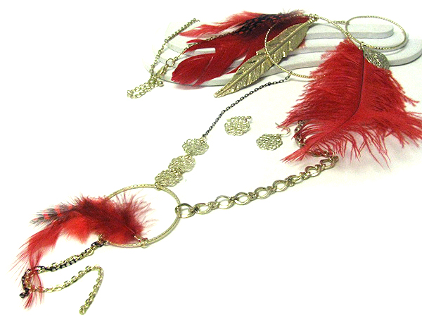 FEATHER DECO LONG NECKLACE HOOP EARRING SET - HOOPS-HALLOWEEN