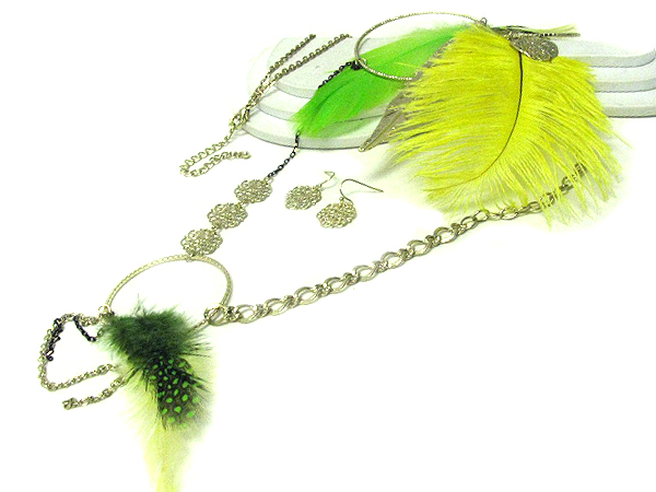 FEATHER DECO LONG NECKLACE HOOP EARRING SET - HOOPS-HALLOWEEN