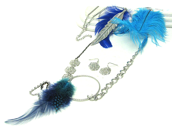 FEATHER DECO LONG NECKLACE HOOP EARRING SET - HOOPS-HALLOWEEN