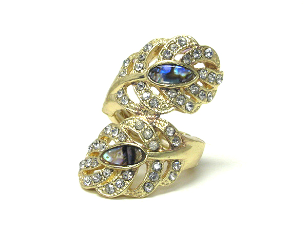 Crystal and abalon deco metal feather stretch ring