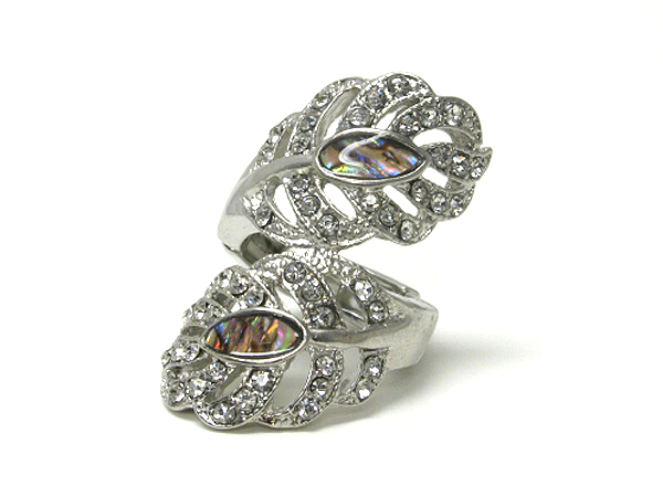 Crystal and abalon deco metal feather stretch ring