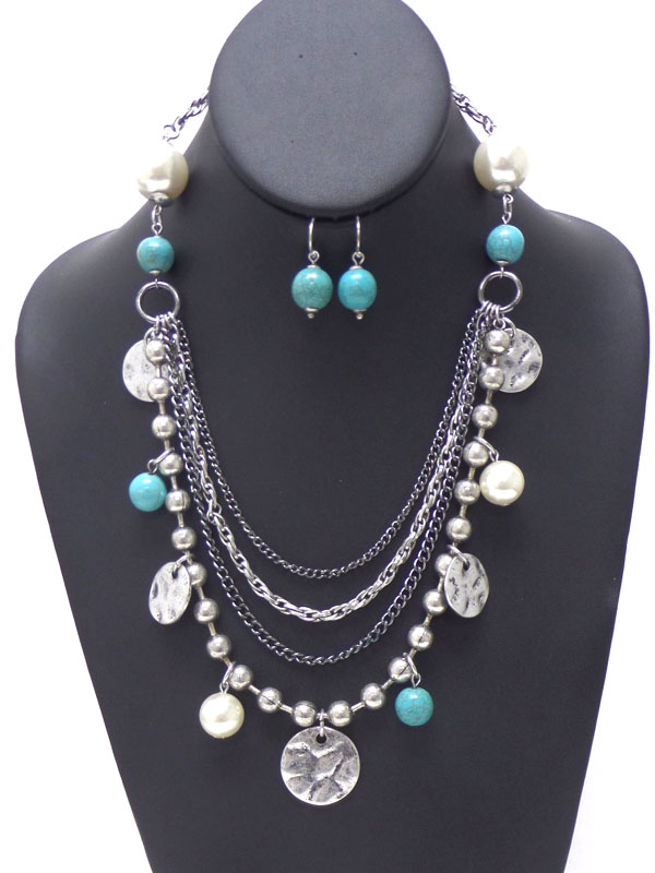 Four layer charm turquoise stone necklace set
