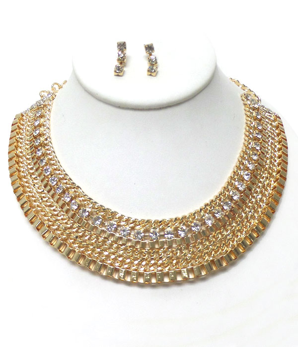 Layered chain with rhinestones necklace set