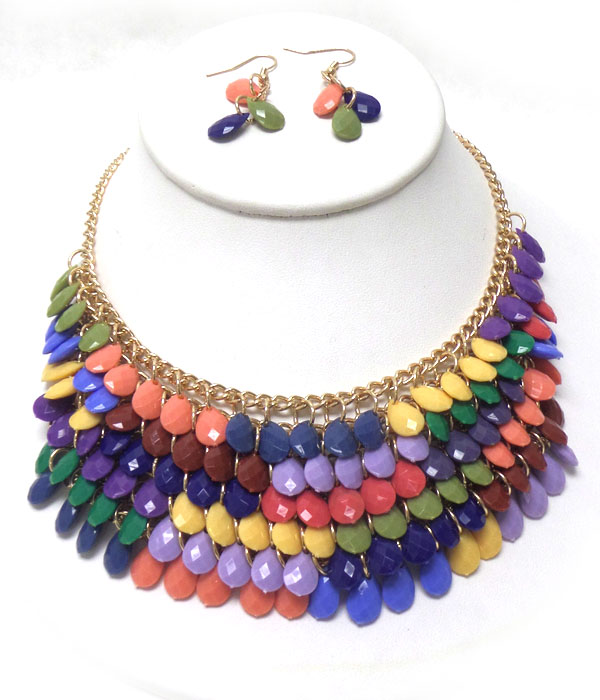 Multi facet acrylic teardrops statement necklace set