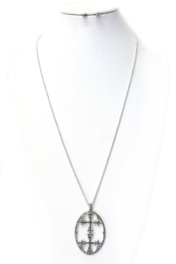 Hematite oval pendant long necklace set