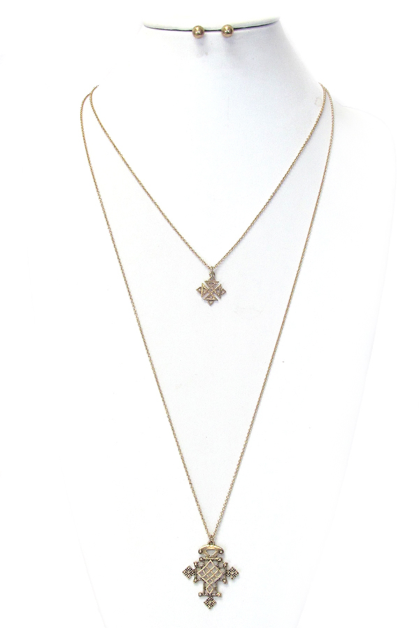 Metal filigree cross double layer long necklace set