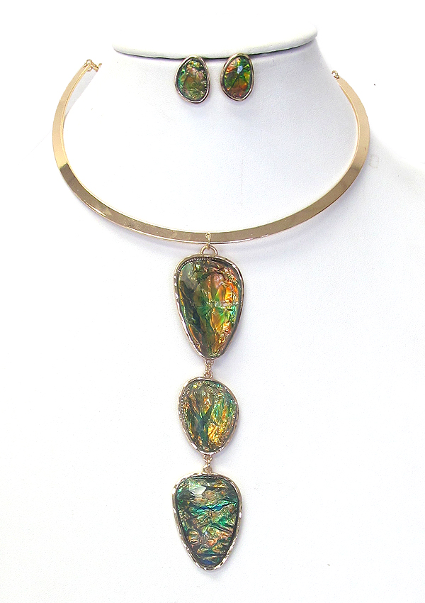Triple abalone stone drop on metal choker necklace set