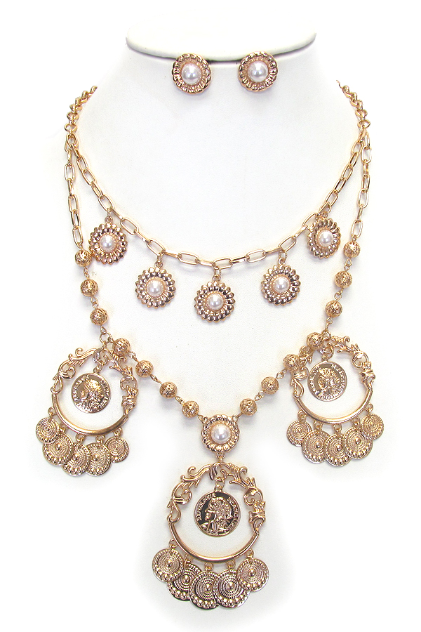 DOUBLE LAYER COIN CHARM BIB NECKLACE SET