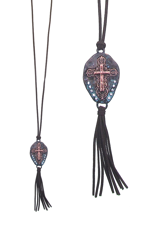 WESTERN STYLE PENDANT AND SUEDE TASSEL LONG NECKLACE - CROSS
