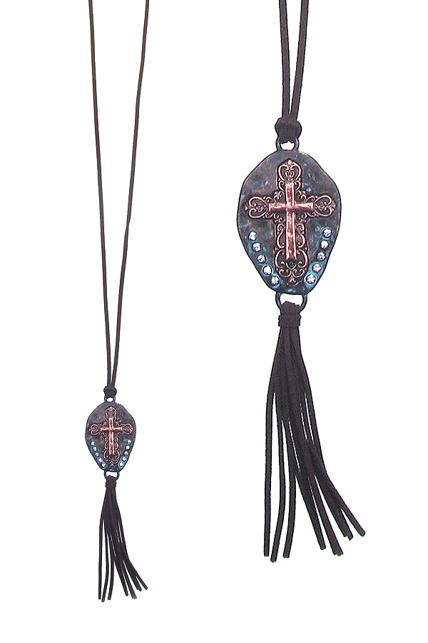 Western style pendant and suede tassel long necklace - cross