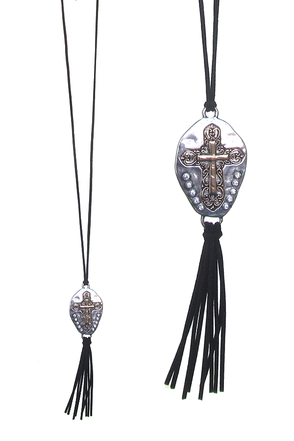 WESTERN STYLE PENDANT AND SUEDE TASSEL LONG NECKLACE - CROSS