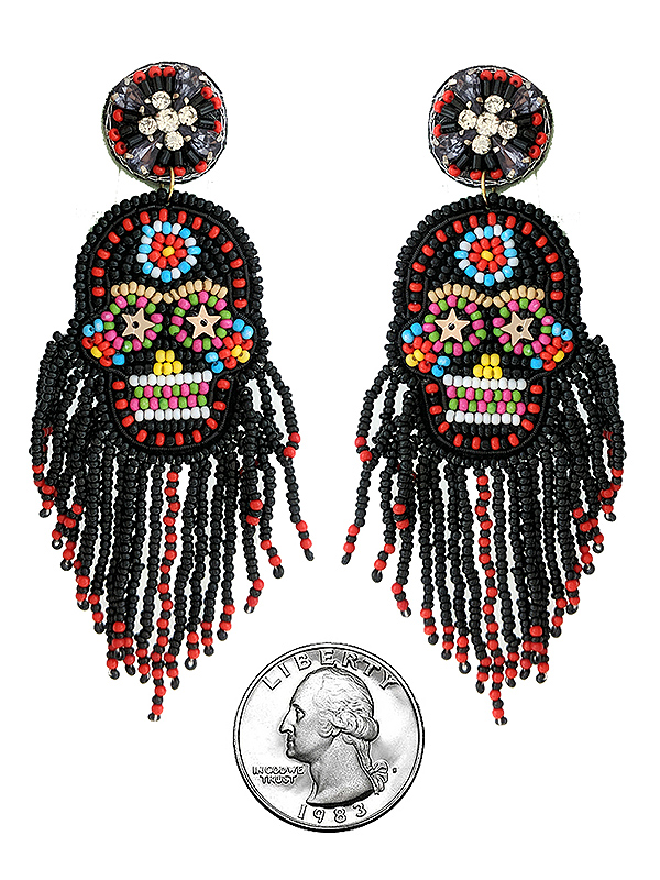 HANDMADE MULTI SEEDBEAD HALLOWEEN THENE SKULL EARRING