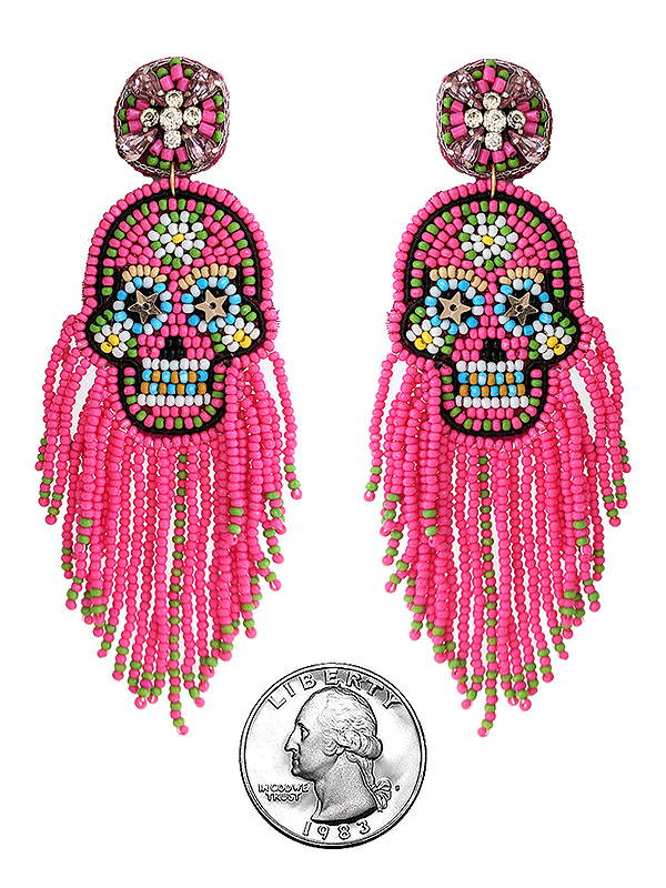 HANDMADE MULTI SEEDBEAD HALLOWEEN THENE SKULL EARRING