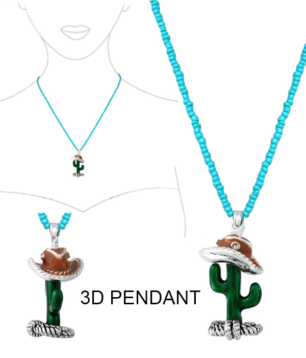 WESTERN THEME EPOXY 3D PENDANT AND SEEDBEAD CHAIN NECKLACE - CACTUS