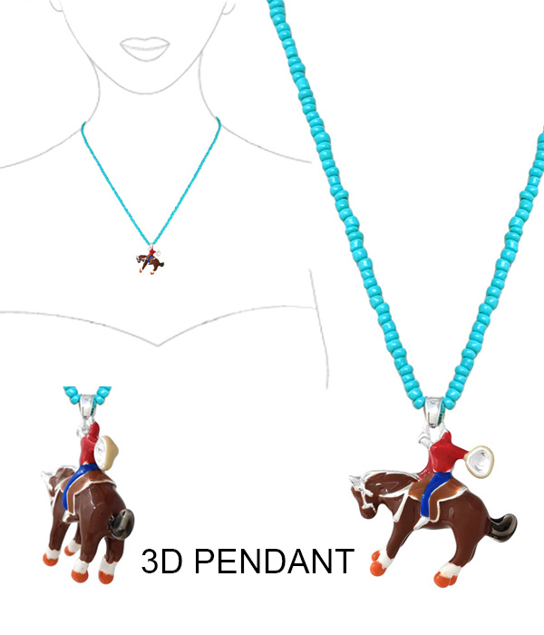 WESTERN THEME EPOXY 3D PENDANT AND SEEDBEAD CHAIN NECKLACE - RODEO