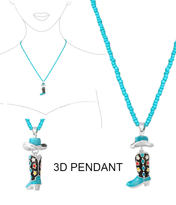 WESTERN THEME EPOXY 3D PENDANT AND SEEDBEAD CHAIN NECKLACE - COWBOY BOOT