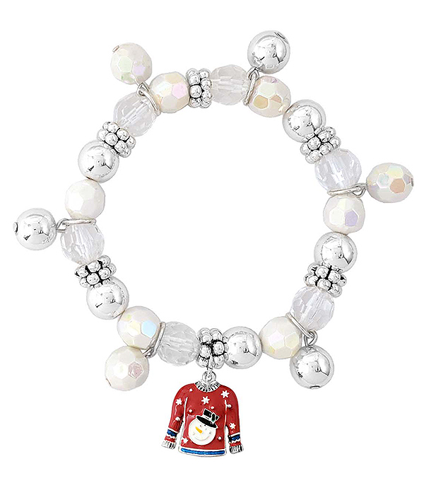 CHRISTMAS THEME EPOXY CHARM AND MULTI BEAD STRETCH BRACELET - UGLY SHIRT