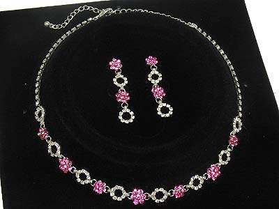 Colorful rhinestone flower link necklace and earring set