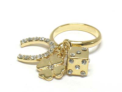 Crystal paved dice and horse shoe lucky charm ring