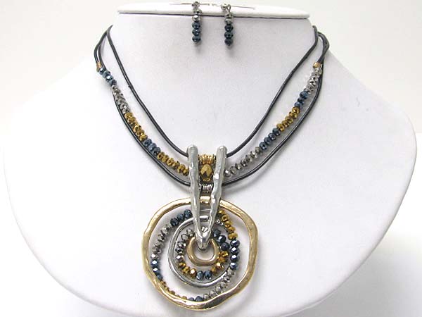 Tri tone color metal hoop and metallic seed beads necklace earring set - hoops
