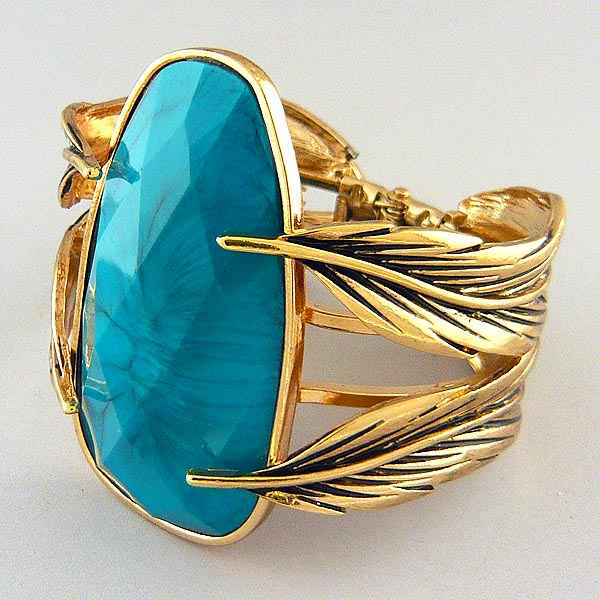 Metal fashion leaf and on top natural oval stone hinge bangle