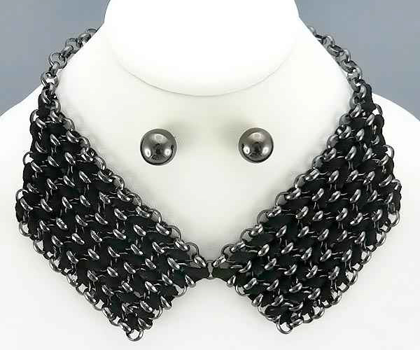 TWO SQUARE CHAIN METAL FASHION FABRIC BRAIDED CHAIN NECKLACE EARRING SET