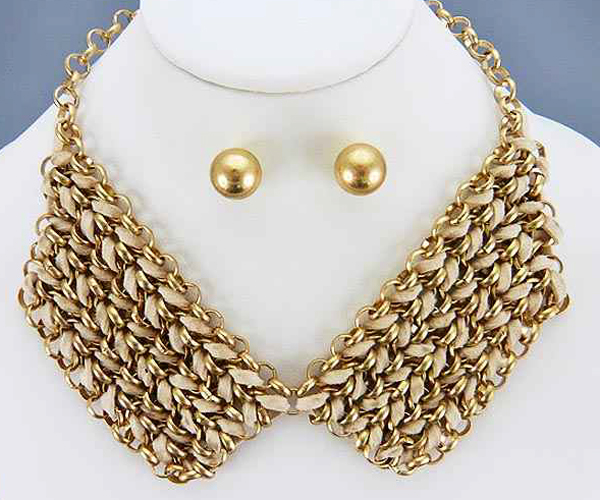 TWO SQUARE CHAIN METAL FASHION FABRIC BRAIDED CHAIN NECKLACE EARRING SET
