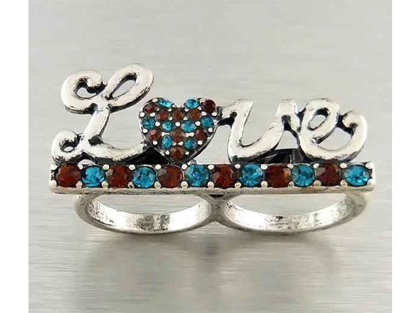 Crystal stud love theme dual finger ring