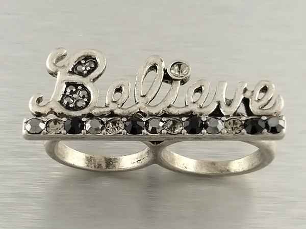 CRYSTAL STUD BELIEVE THEME DUAL FINGER RING