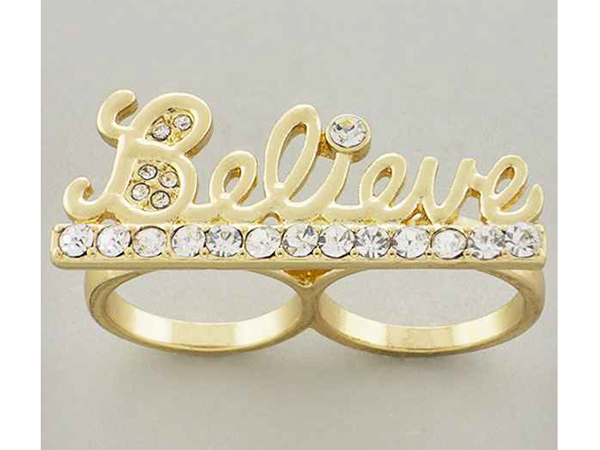 Crystal stud believe theme dual finger ring