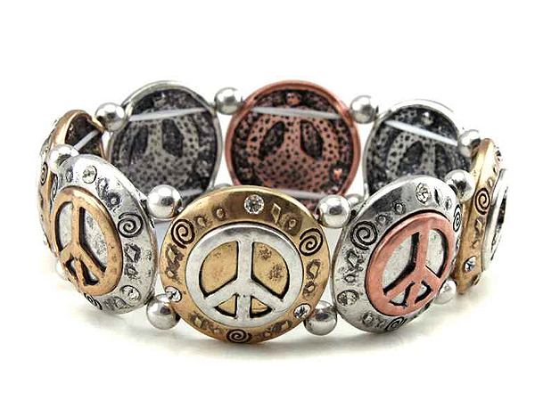 Metal art peace disk link stretch bracelet